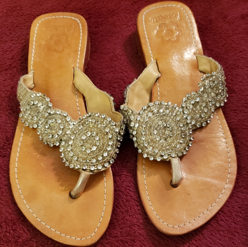 HAWAII Beaded/Rhinestones Leather Flip Flop Sandals (7)